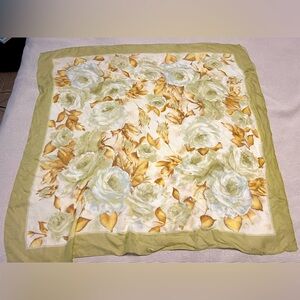 Silk Floral Scarf with Green Blue Pastels and Gold Accents Sarong Large 33 x 33